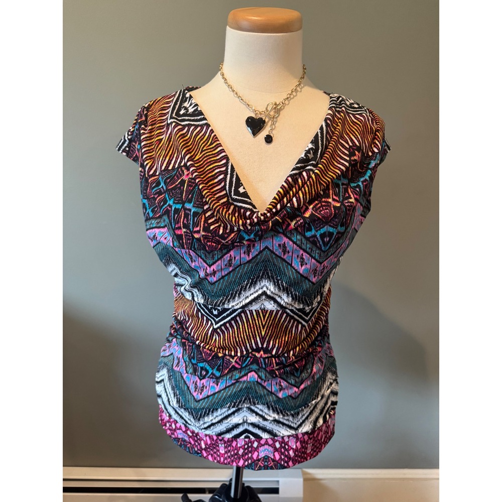 Y2K 2000s Moa Moa Womens Medium Sleeveless Top Cowl Neck Colorful Print Blouse